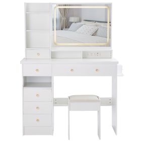 41" Large Size Left Drawer Desktop Vanity Table+Cushioned Stool Dresser Set, 2 AC+2 USB Power Station, Hair Dryer Stand