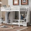 Full Size Loft Bed Frame with Wardrobe,Low Storage Table and Storage Staircase,White/Gray