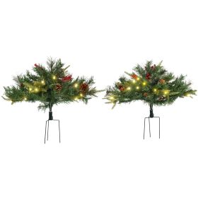 HOMCOM 2 Ft/22 inch 2 Pack Prelit Artificial Christmas Tree Cordless with 69 Branches, Warm White LED Lights, Red Berries, Pine Cones