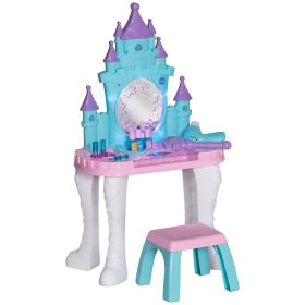 Qaba Kids Vanity Set with Mirror and Stool, Castle Design Makeup Table with Light, Music, Hair Dryer, 18 Accessories