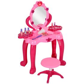 Qaba Kids Vanity Set with Mirror and Stool, Girls Makeup Table with Light and Sound, 15 Accessories, Pretend Play Set with Hair Dryer for 3-6 Years