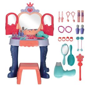 Qaba Kids Vanity Set with Mirror and Stool, Toddler Makeup Table with Music, Light, Drawer, Hair Dryer, 20 Makeup Accessories