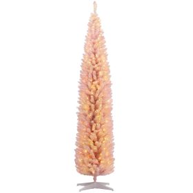 HOMCOM 8' Tall Pre-Lit Slim Noble Fir Artificial Christmas Tree with 300 Warm White LED Lights and 618 Tips, for Christmas Decoration, Pink