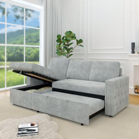 85 Inches Sofa Bed, 3 Seater Sleeper Sofa with Storage Chaise, Square Handrail With Pull and Copper nail,Chenille-Light Grey