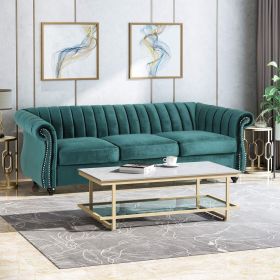 84-Inch Teal 3-Seater Velvet Sofa ‚Äì Button Tufted with Nailhead Trim, Curved Backrest, and Rolled Arms