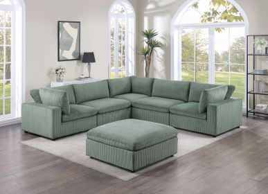 Sage Color 6pc Modular Sectional Set Corduroy Upholstery Couch 3x Corner wedge, 2x Armless Chairs 1x Ottoman Living Room Furniture