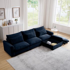 Corduroy Sectional Sofa, L Shaped Couch with Storage Footstool and 3 Pillow, Sectional Couch for Living Room Apartment, Bule