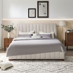 King Size Modern Design Bed Frame Upholstered Queen Bed Frame Platform with Headboard Fabric Headboard Wooden Slats Support, No Box Spring Needed