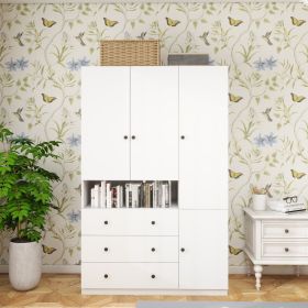 3-Door Armoire Wardrobe Closet, Wooden 3 Drawers White Closet Storage Cabinet for Large Capacity