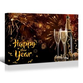 Framed Canvas Wall Art Decor Painting For New Year, Golden Happy New Year Bless Champagne Painting For New Year Gift