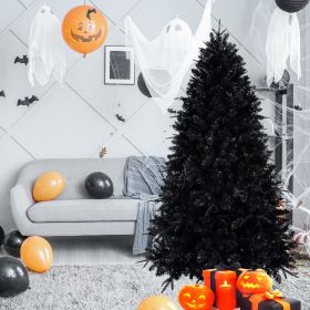 7.5ft Pre-Lit Black Christmas Tree, Full Halloween Xmas Artificial Tree 2156 Branch Tips, 500 Lights, Metal Hinges, Foldable Base