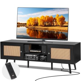 VEVOR Rattan TV Stand for 65 inch TV, Boho TV Stand with Rattan Door, Entertainment Center with Build-in Socket and USB Ports