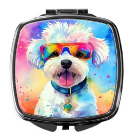 Bichon Frise Hippie Dawg Compact Mirror Decorative Travel Makeup Mirror for Women Girls Gifts Pocket Makeup Mirror Folding Handheld