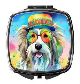 Bearded Collie Hippie Dawg Compact Mirror Decorative Travel Makeup Mirror for Women Girls Gifts Pocket Makeup Mirror Folding Handheld