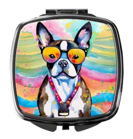 Boston Terrier Hippie Dawg Compact Mirror Decorative Travel Makeup Mirror for Women Girls Gifts Pocket Makeup Mirror Folding Handheld