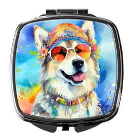 Alaskan Malamute Hippie Dawg Compact Mirror Decorative Travel Makeup Mirror for Women Girls Gifts Pocket Makeup Mirror Folding Handheld