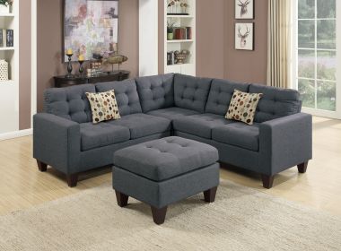 Modular Sectional w Ottoman Blue Grey Polyfiber 4pcs Sectional Sofa LAF And RAF Loveseat Corner Wedge Ottoman Tufted Cushion Couch