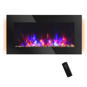 36" 1500W Electric Wall-Mounted Fireplace with Flame Effect, 7 Color Background Light and Side Light, Black