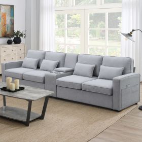 [VIDEO provided] [New] 114.2" Upholstered Sofa with Console, 2 Cupholders and 2 USB Ports Wired or Wirelessly Charged