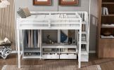 Full Size Loft Bed Frame with Wardrobe,Low Storage Table and Storage Staircase,White/Gray