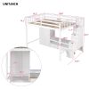 Full Size Loft Bed Frame with Wardrobe,Low Storage Table and Storage Staircase,White/Gray