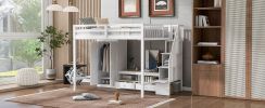 Full Size Loft Bed Frame with Wardrobe,Low Storage Table and Storage Staircase,White/Gray