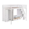 Full Size Loft Bed Frame with Wardrobe,Low Storage Table and Storage Staircase,White/Gray