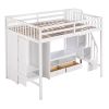 Full Size Loft Bed Frame with Wardrobe,Low Storage Table and Storage Staircase,White/Gray