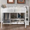 Full Size Loft Bed Frame with Wardrobe,Low Storage Table and Storage Staircase,White/Gray