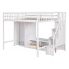 Full Size Loft Bed Frame with Wardrobe,Low Storage Table and Storage Staircase,White/Gray