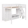 Full Size Loft Bed Frame with Wardrobe,Low Storage Table and Storage Staircase,White/Gray