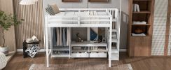 Full Size Loft Bed Frame with Wardrobe,Low Storage Table and Storage Staircase,White/Gray