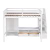 Full Size Loft Bed Frame with Wardrobe,Low Storage Table and Storage Staircase,White/Gray