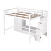 Full Size Loft Bed Frame with Wardrobe,Low Storage Table and Storage Staircase,White/Gray