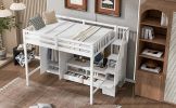 Full Size Loft Bed Frame with Wardrobe,Low Storage Table and Storage Staircase,White/Gray