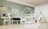 Full Size House Bed with Ladder and Storage Drawers for Kid Bedroom,Solid Wood Platfrom Bedframe with 2 Blackboard Design, No Box Spring Needed, White