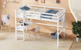 Twin Size Loft Bed with desk and shelves, Safety Guardrail and ladder,White