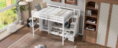 Full Size Loft Bed Frame with Wardrobe,Low Storage Table and Storage Staircase,White/Gray