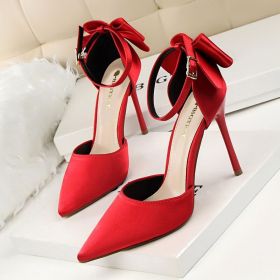 Women's Pumps; Sweet beauty thin heel high-heeled shoes; pointed satin hollow back bow knot high-heeled shoes (colour: 196-1 black 10CM, size: 36)