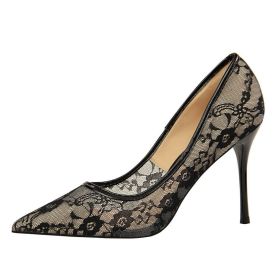 Women Pumps; Sexy heels; women's shoes; stiletto heels; pointed toe heels; mesh cutout lace trims (colour: black, size: 36)