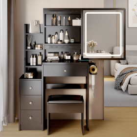 Small Space Left Bedside Cabinet Vanity Table + Cushioned Stool, 2 AC+2 USB Power Station, Hair dryer bracket (Color: as Pic)