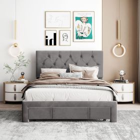 Full Size Storage Bed Velvet Upholstered Platform Bed with a Big Drawer (Color: Grey)