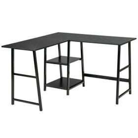 L-Shaped Corner Computer Desk with Storage Shelves (Color: Black)