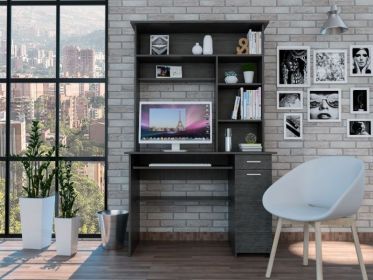 Weston Two Writing Computer Desk; Hutch; Two Drawers; Six Shelves (Color: Smokey Oak)