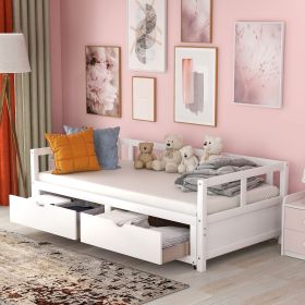 Wooden Daybed with Trundle Bed and Two Storage Drawers , Extendable Bed Daybed,Sofa Bed for Bedroom Living Room (Color: White)