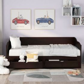 Wooden Daybed with Trundle Bed and Two Storage Drawers , Extendable Bed Daybed,Sofa Bed with Two Drawers (Color: Espresso)