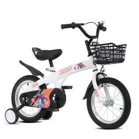 16 inch sporty kids bike with training wheels and stand Adjustable saddle Suitable for boys and girls aged 4-8 years tall Height 41-46 inches (Material: Iron+Plastic, Color: White)