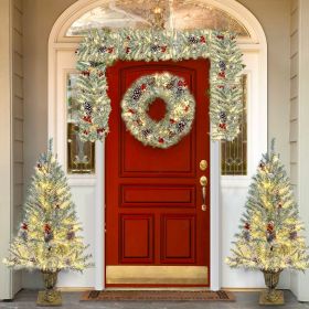 Pre-lit Xmas Tree Artificial Christmas 4-Piece Set,Garland, Wreath and Set of 2 Entrance Trees X-mas (Material: Vinyl, Color: Retro White)