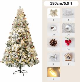 6FT/7FT Artificial Falling Snow Christmas Tree White Flocking with Plastic Silver Ball Bouquet LED Light Decoration & Metal Stand for Indoor or Outdoo (Color: 7FT Christmas Tree)