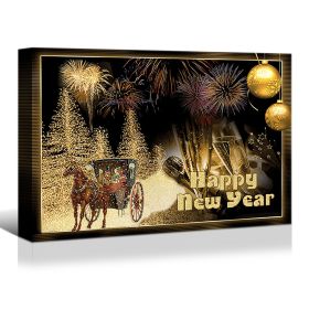 1pcs Framed Canvas Wall Art Decor Painting For New Year, Golden Happy New Year Gift Painting For New Year Gift (Color: as Pic)